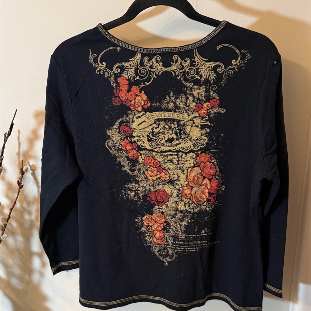 Westbound Black Tee with Gold Scrollwork and Pink Floral Print - Picture 5 of 5